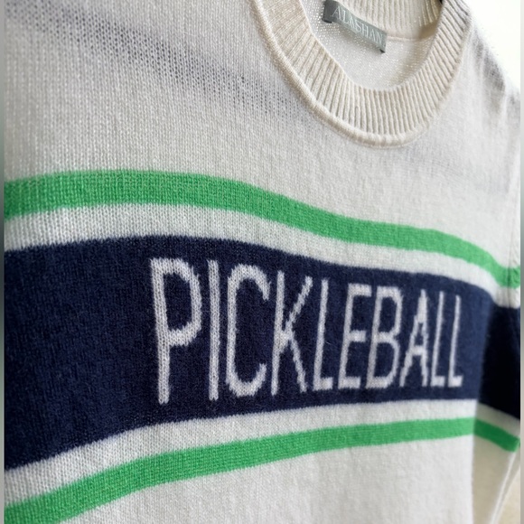 🆕 Alashan 💯 Cashmere Pickleball Sweater White Striped Sport Knit Luxury Size M - Picture 7 of 13